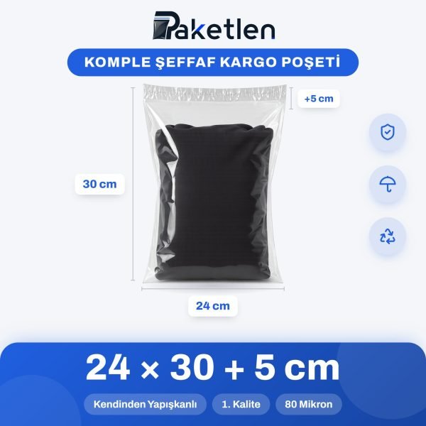 Komple Şeffaf Kargo Poşeti 24x30+5 cm