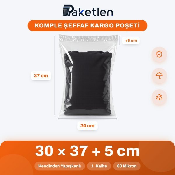 Komple Şeffaf Kargo Poşeti 30x37+5 cm