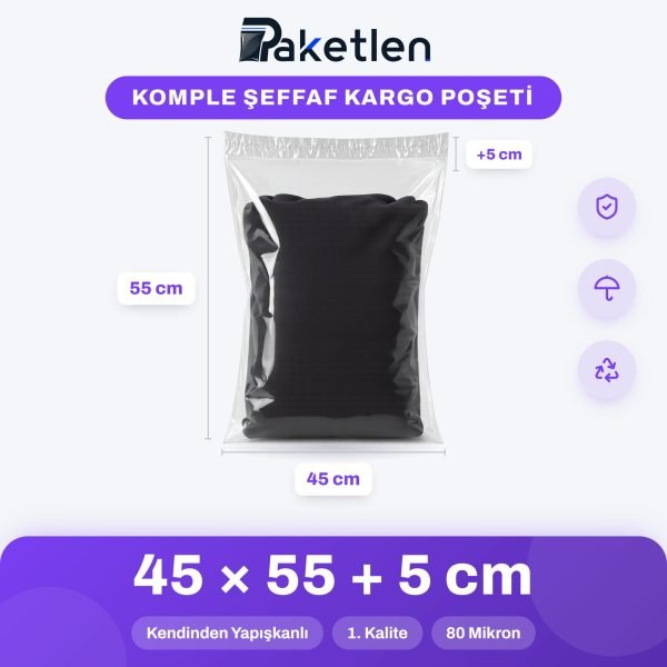 Komple Şeffaf Kargo Poşeti 45x55+5 cm