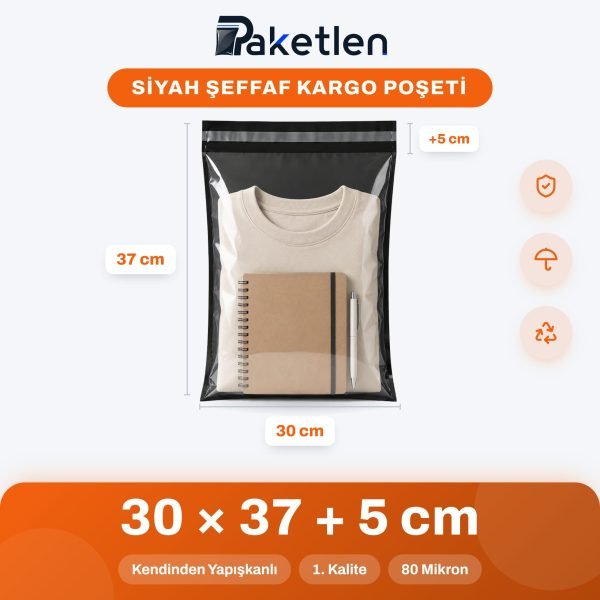 Siyah Şeffaf Kargo Poşeti 30x37+5 cm
