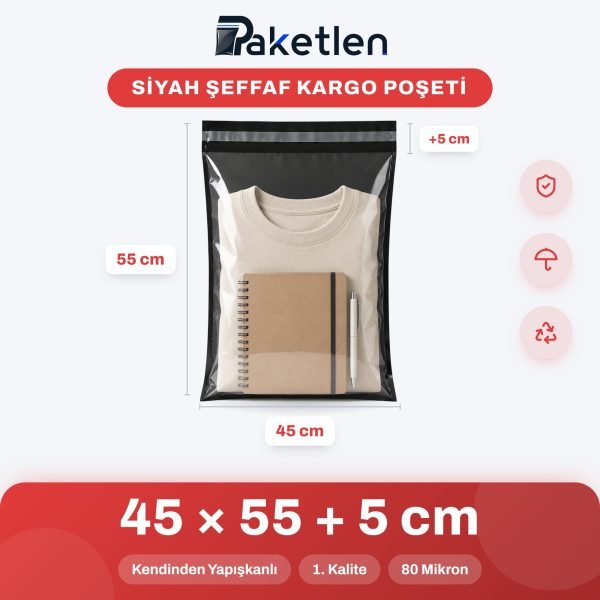Siyah Şeffaf Kargo Poşeti 45x55+5 cm